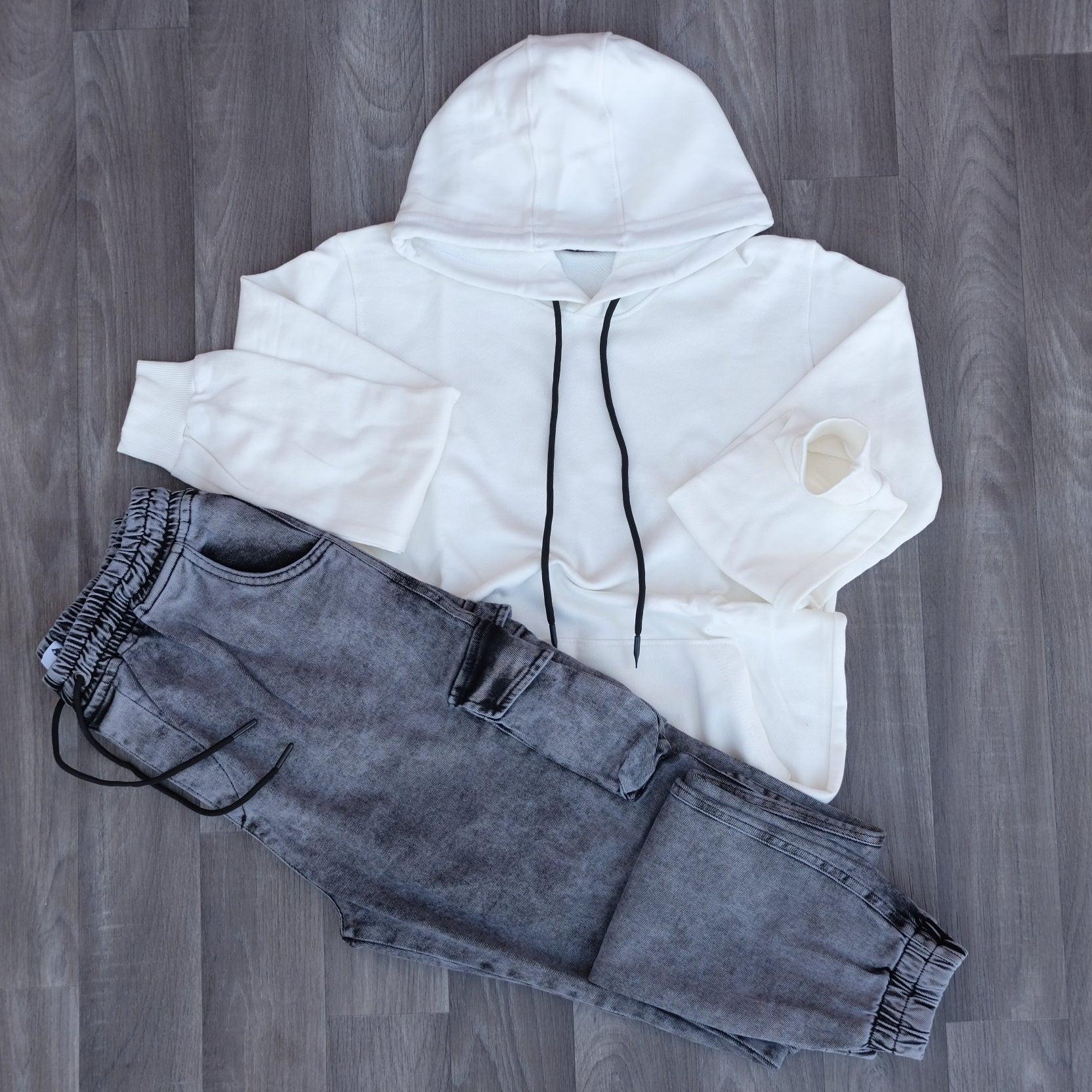 Ensemble Jean Cargo Délavé Gris + Sweat à Capuche Blanc Kelmo 2XL