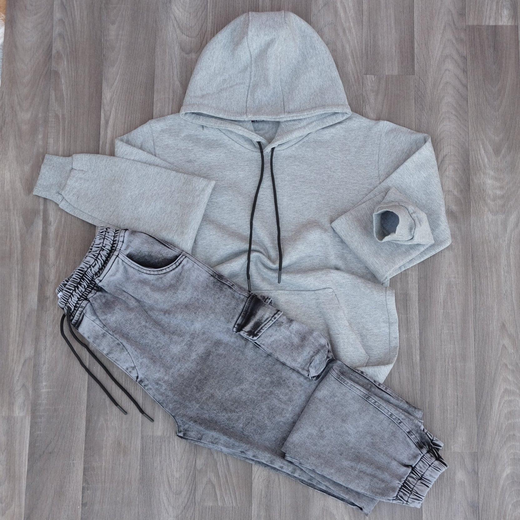Ensemble Jean Cargo Délavé Gris + Sweat à Capuche Gris Clair Kelmo 2XL