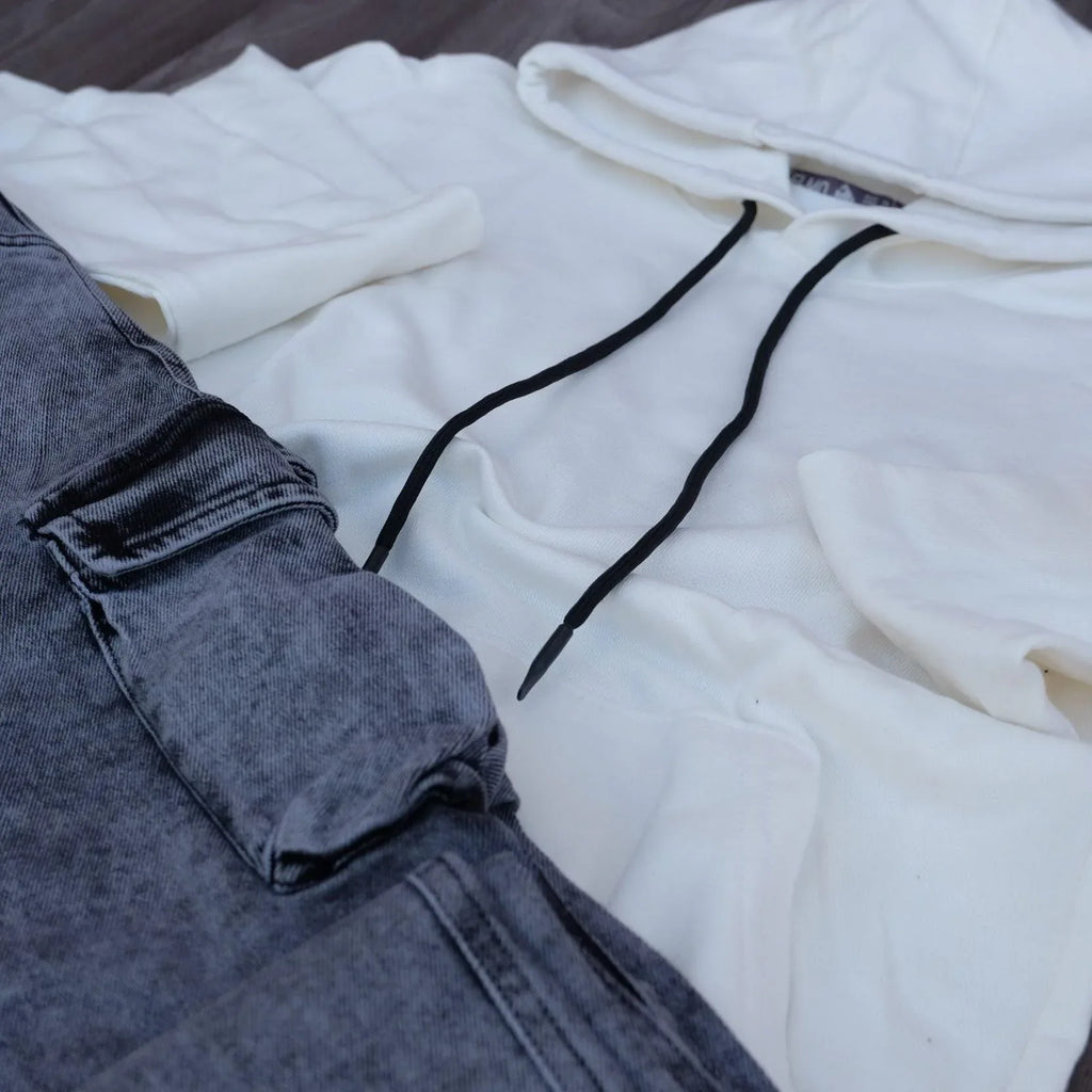 Ensemble Jean Cargo Délavé Gris + Sweat à Capuche Blanc Kelmo