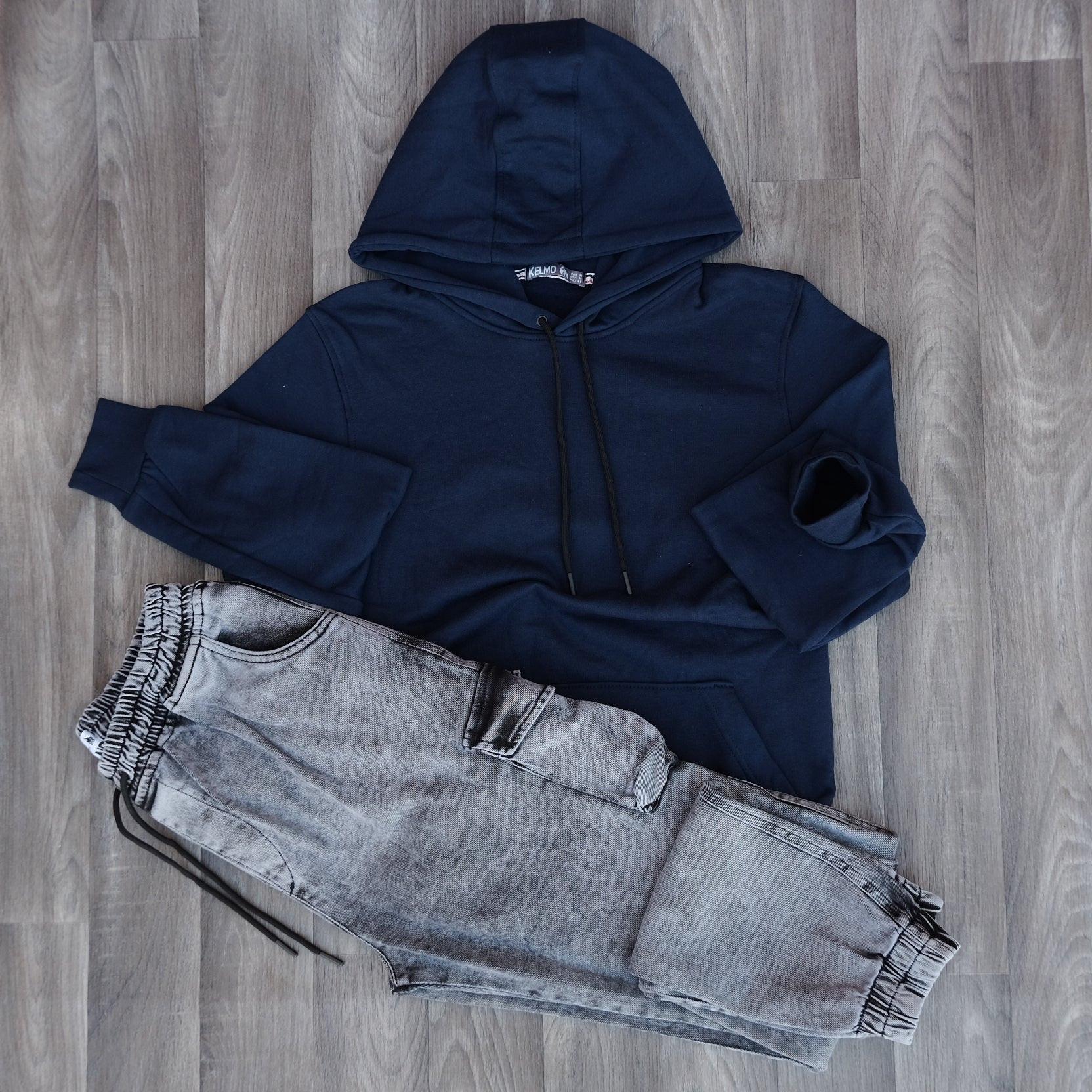 Ensemble Jean Gris Délavé + Sweat à Capuche Bleu Marine Kelmo 2XL