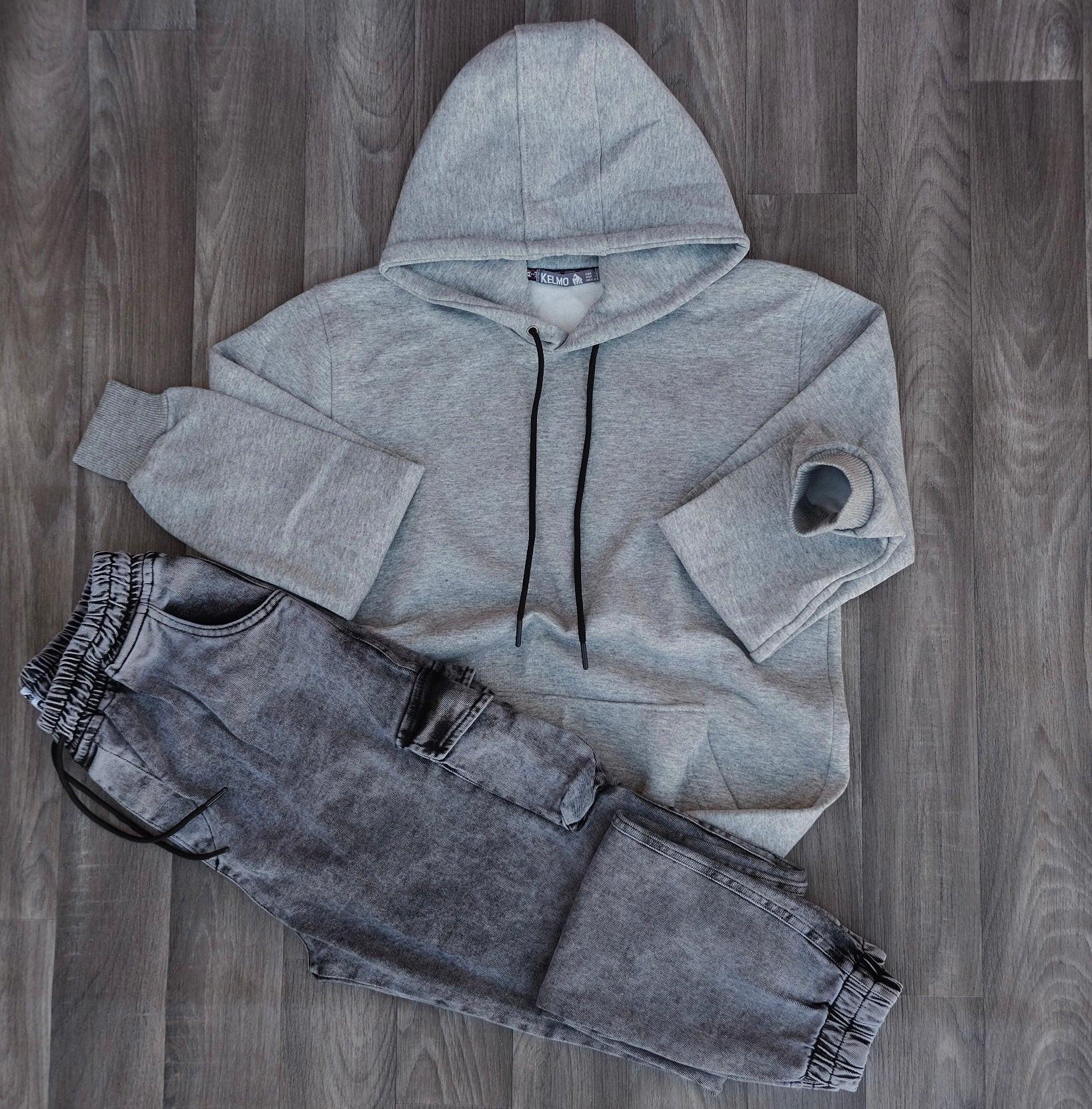 Ensemble Jean Gris Délavé + Sweat à Capuche Gris Clair Kelmo 2XL