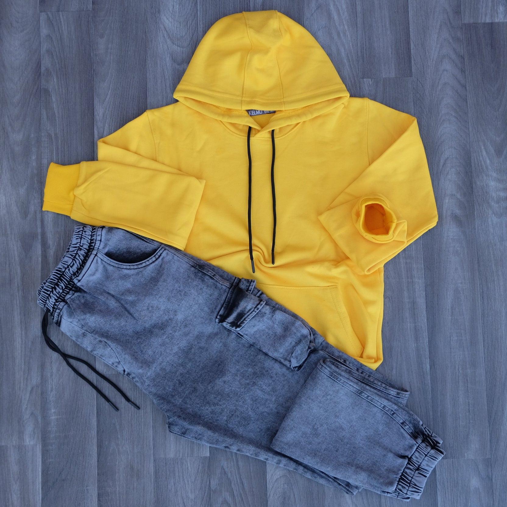 Ensemble Jean Cargo Délavé Gris + Sweat à Capuche Jaune Kelmo 2XL