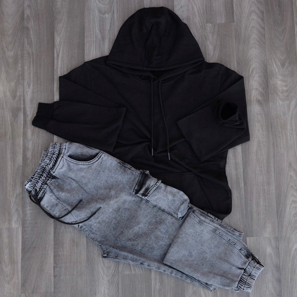 Ensemble Jean Cargo Délavé Gris + Sweat à Capuche Noir Kelmo 2XL