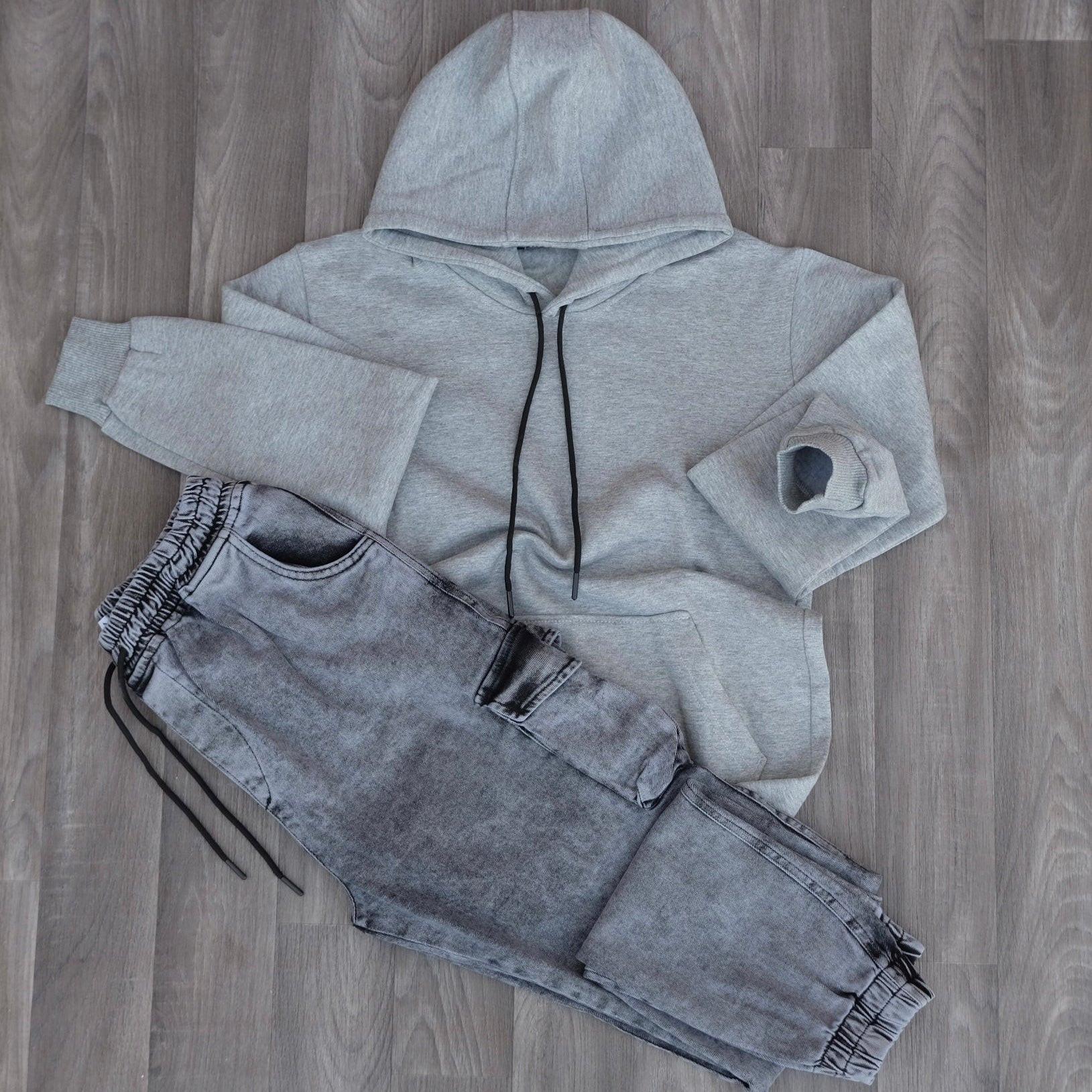 Ensemble Jean Gris Délavé + Sweat à Capuche Gris Clair Kelmo 2XL