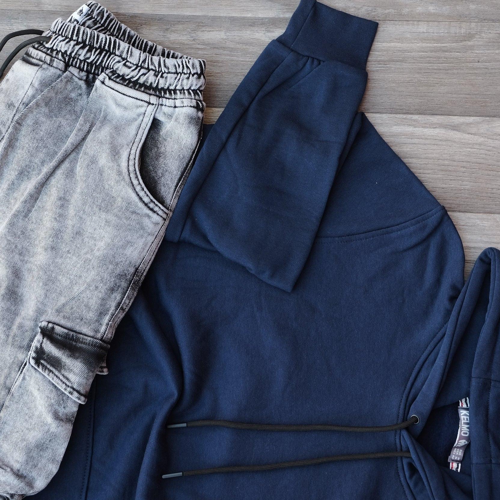 Ensemble Jean Gris Délavé + Sweat à Capuche Bleu Marine Kelmo